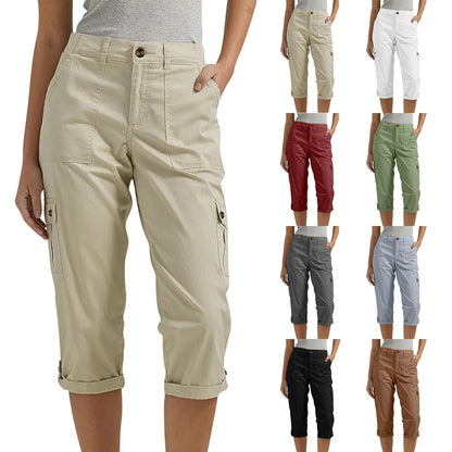 Effen Gekleurde Casual Cargo Capri Broek met Meerdere Zakken