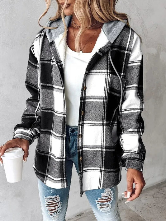 🍂Herfstuitverkoop 50% KORTING🔥Dames geruite fleece gevoerde hoodiejassen met knopen Warme jas