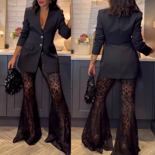 💖Limited Time Sale 50% UIT💖Stylish Blazer & Doorschijnende Uitlopende Broek 2 PCS Set