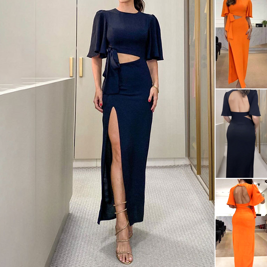 👗Rugloze midi-jurk met uitgesneden taille en split