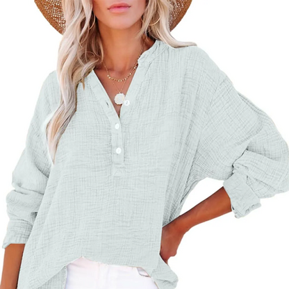 🔥Casual damesoverhemden met knoopsluiting en V-hals, oversized effen blouses en tops