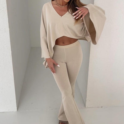 Effen kleur sexy V-hals top & wijde broek tweedelige set