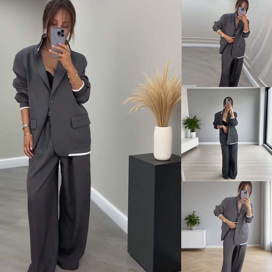 🍁🔥Beperkte aanbieding: herfstnieuwigheden vandaag 50% korting! Dames tweedelige set: blazer met lange mouwen & broek met wijde pijpen