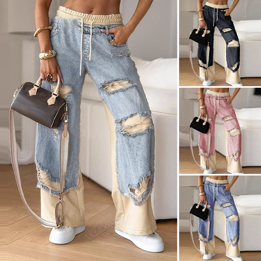 🍁Speciale aanbieding voor het begin van de herfst✨Patchwork denim elastische broek met trekkoord en wijde pijpen