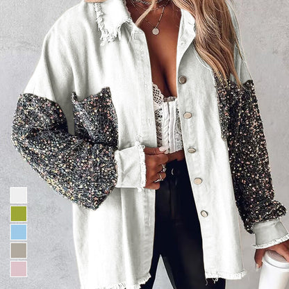 OVERSIZED DENIM JASJE VOOR DAMES MET LANGE MOUWEN, KNOPEN VOOROP EN PATCHWORK VAN PAILLETTEN