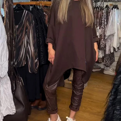 🔥Tijdelijke aanbieding - Onregelmatige losse top & effen broek tweedelige set